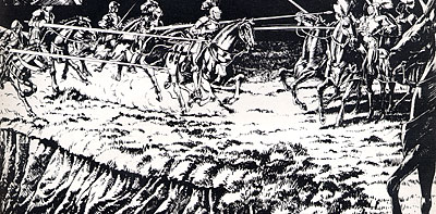 La cavalleria spagnola sferra il contrattacco (tavola del disegnatore Pasquale Bufano, 1986). (foto Gioacchino Albanese)