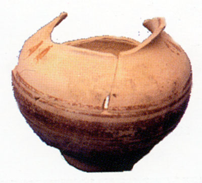 Brocchetta alta 9 cm decorata a fasce. Reperto della tomba 5. (dal volume GIOVANNA PACILIO - GIUSEPPE COMPAGNI, Terra an
