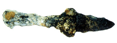 Punta di lancia in ferro lunga 16 cm, a corredo della tomba. (dal volume GIOVANNA PACILIO - GIUSEPPE COMPAGNI, Terra ant