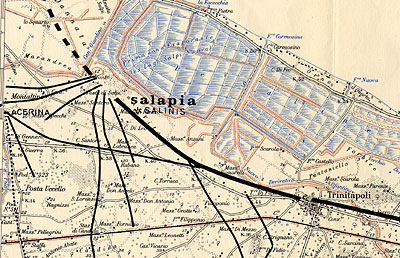 La moderna configurazione del territorio dal foglio di mappa dell'IGM e l'indicazione in neretto dell'antica sede di Sal