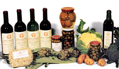 Alcuni dei prodotti biologici dell'Azienda Antica Enotria: vini, olio, carciofi, pomodori, verdure varie .