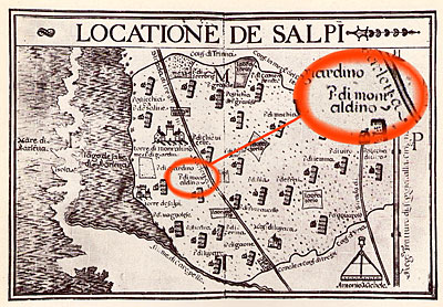 Raffigurazione della "Posta di monte aldino" nella Locatione de Salpi , dall'Atlante (1686) di Antonio e Nunzio Michele 