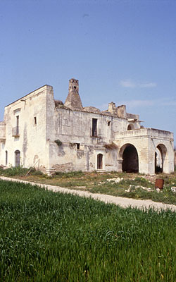 Prospetto frontale e laterale della masseria. Spicca sul tetto il grosso camino con canna fumaria troncopiramidale, cara