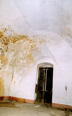 Una delle stanze superiori della masseria, con volta a botte, adorna nella sua lunghezza di un riquadro rettangolare, sm