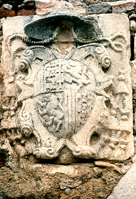 Uno degli stemmi del cardinale Acquaviva d'Aragona, murato a sinistra sulla facciata di ingresso del palazzo dell'abate.