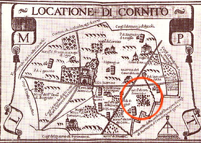 Locazione di Corneto dell'Atlante delle locazioni (1686). E' nominata Tre Perazza, ma come indicazione di una mezzana no