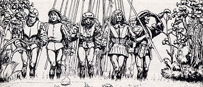 Soldati spagnoli durante il percorso da Barletta a Cerignola, protetti da due fitte file di ferule. (Illustrazione Pasqu