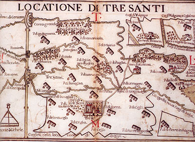 Tavola di locazione del 1686 che caratterizza il paesaggio con poste, mezzane e tratturi.