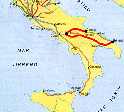 La vecchia Via Appia fino a Brindisi e il tratto della via Appia-Traiana fino a Canosa.